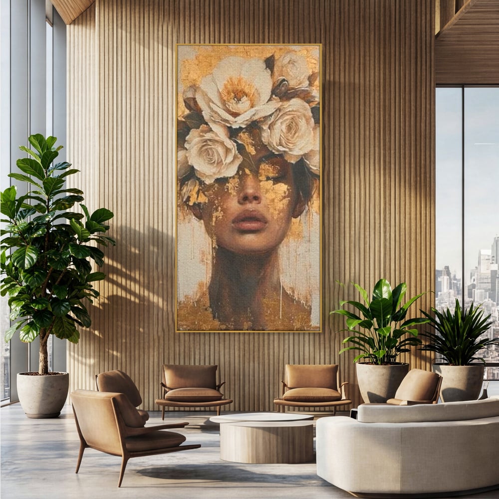 Tablou canvas cu portret feminin cu foita de aur si flori, in rama de aluminiu auriu, pe perete intr-un birou